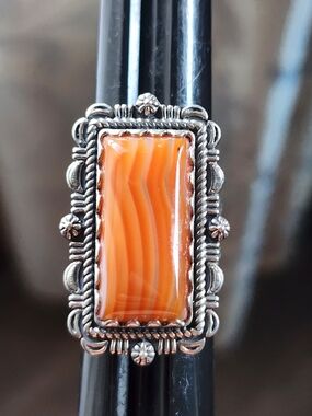 Carolyn Pollack Orange Spiny Oyster Rectangular Silver Statement Ring Size 9
